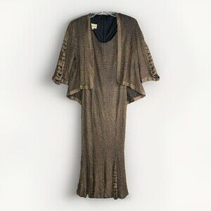 Vintage DAMIANOU Dress & Jacket Set Metallic Gold/Bronze Petite Formal Cutout